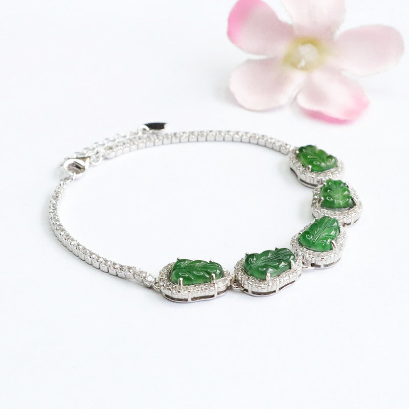 Emperor Green Leaf Sterling Silver Jade Bracelet