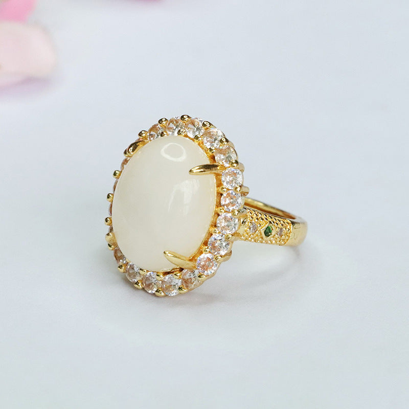 Jade Ring with White Jade and Zircon Gemstones