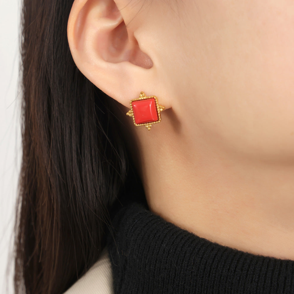 Luxurious Titanium Gold-Plated Geometric Earrings with Natural Stone Insets