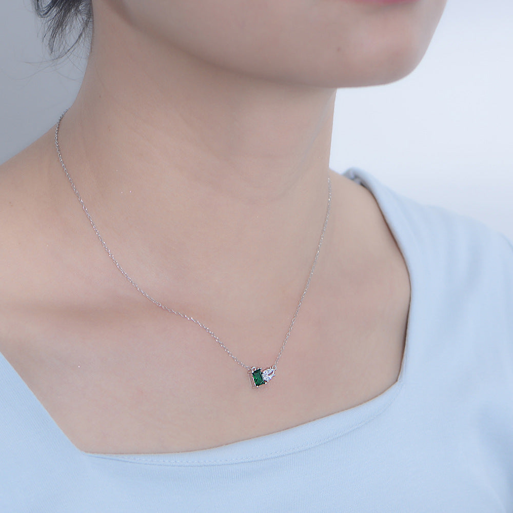 Green Rectangular Zircon and Water Drop Zircon Silver Necklace