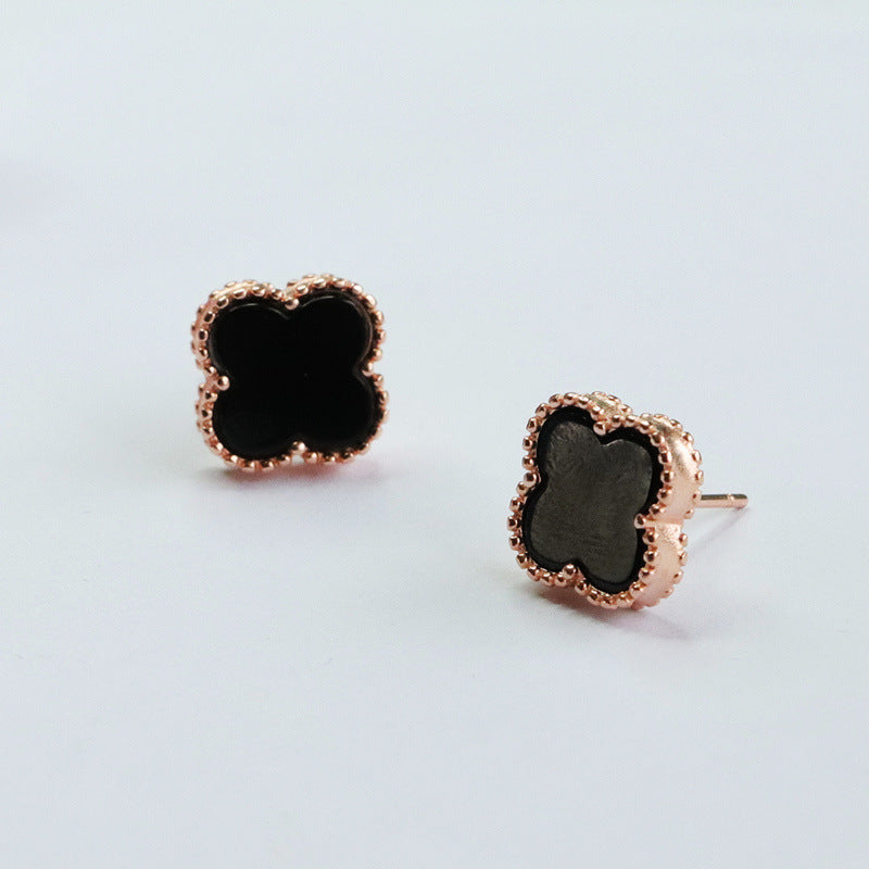 Sterling Silver Black Agate Clover Stud Earrings