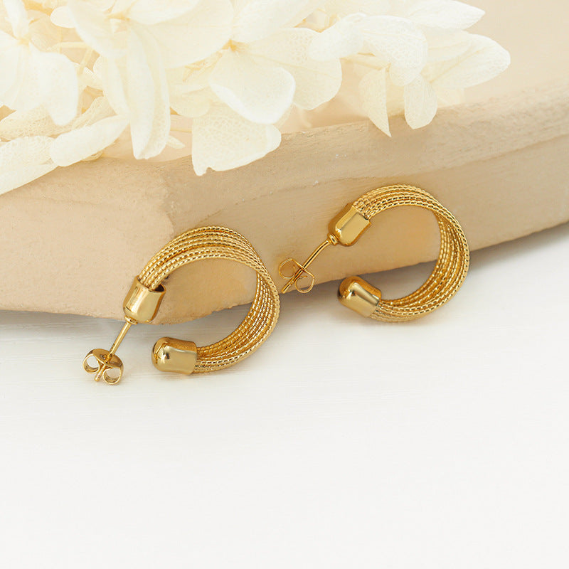 Exquisite French Brass Earrings with Elegant C-Shaped Stitching