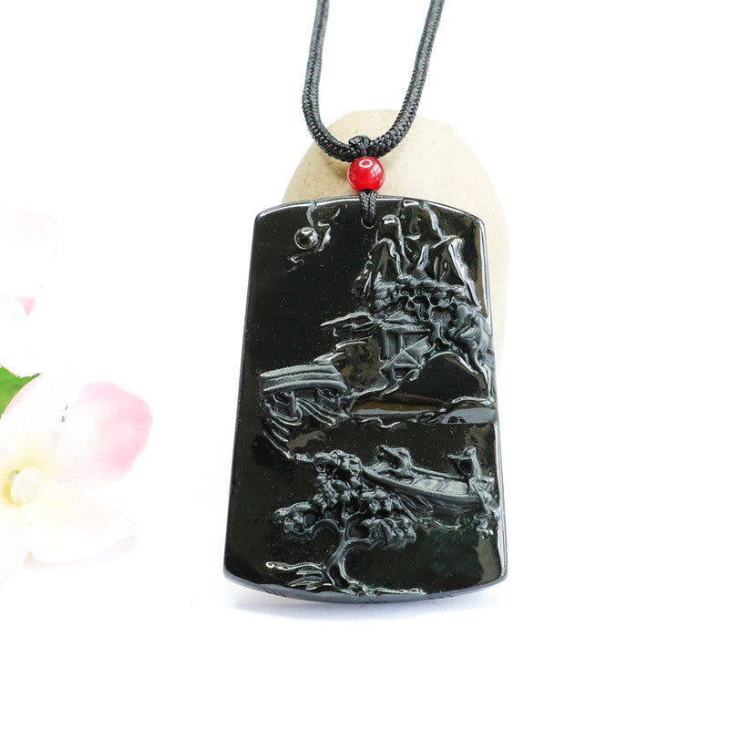 Green Jade Landscape Carved Rectangle Sterling Silver Pendant