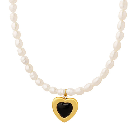 Baroque Pearl and Glass Stone Necklace with Peach Heart Detail