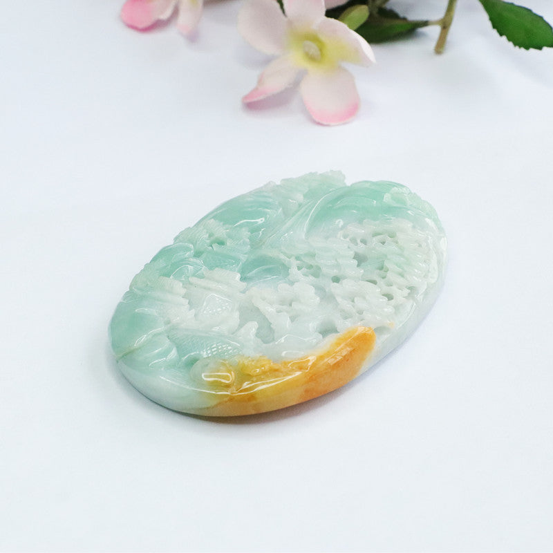 Green and Yellow Jade Pendant with Exquisite Craftsmanship, Beautiful Color, High-Quality Landscape Brand Jewelry