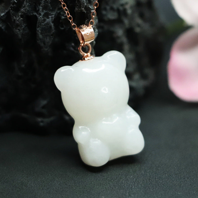 White Jade Bear Necklace with Sterling Silver Chain