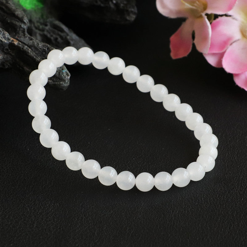 White Jade Round Beads Sterling Silver Bracelet