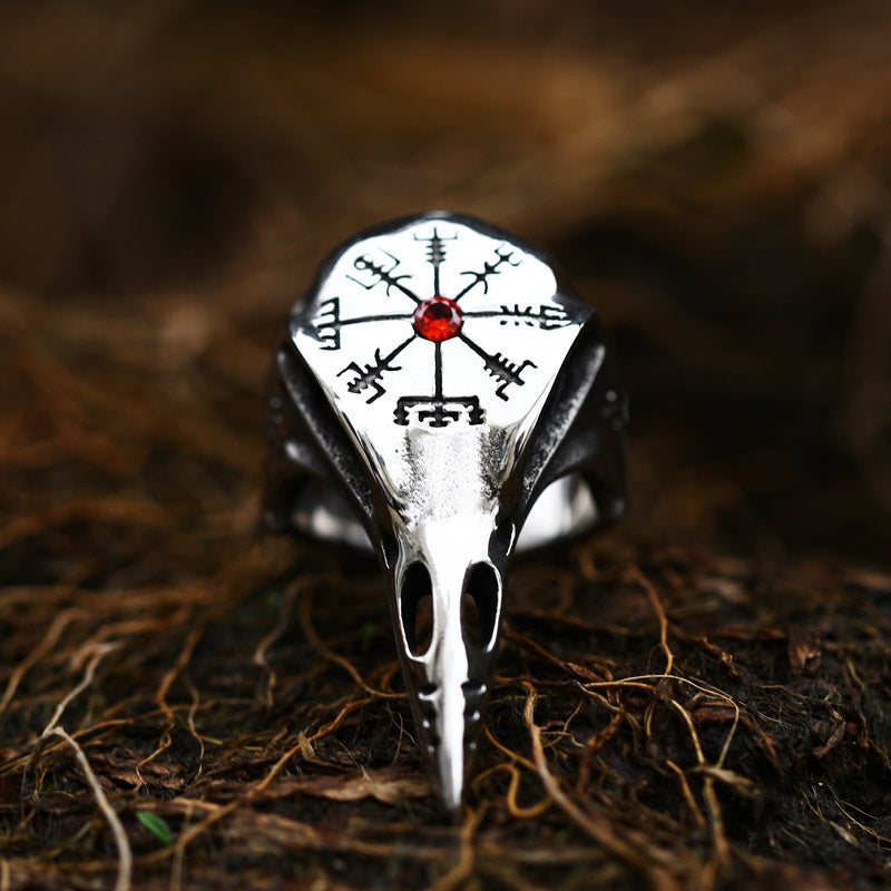 Viking Raven Gemstone-Inlaid Titanium Steel Men's Ring - Retro Compass Design for Everyday Wear