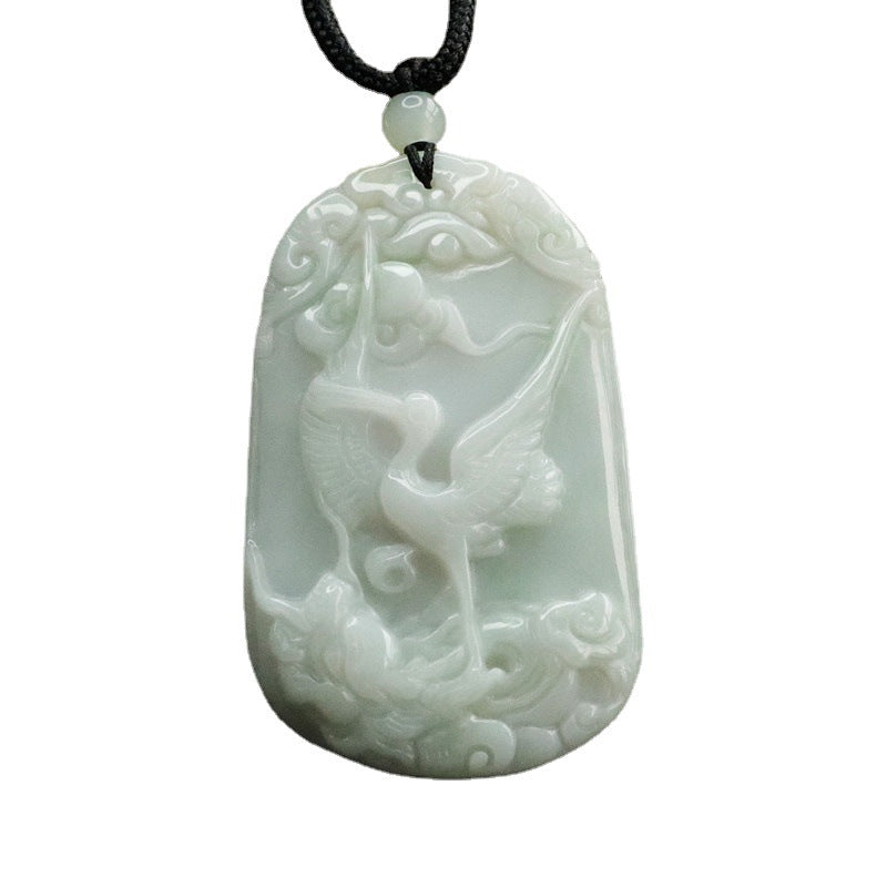 Jade Red-Crowned Crane Pendant with Auspicious Cloud Carving