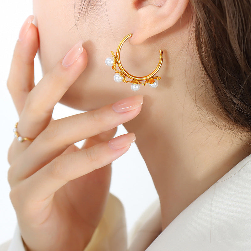 Korean-Inspired Gold-Plated Flower Earrings with Imitation Pearls