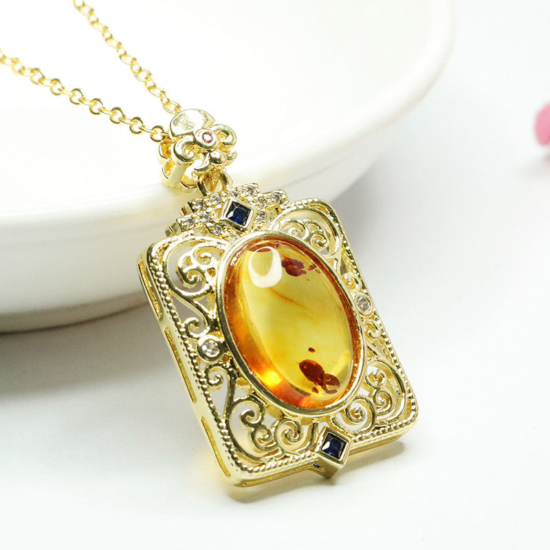 Hollow Rectangle Sterling Silver Necklace with Beeswax Amber