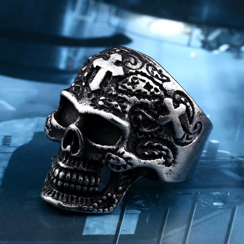 Men's Customizable Gold-Plated Titanium Steel Skull Cross Ring - Edgy Punk Jewelry