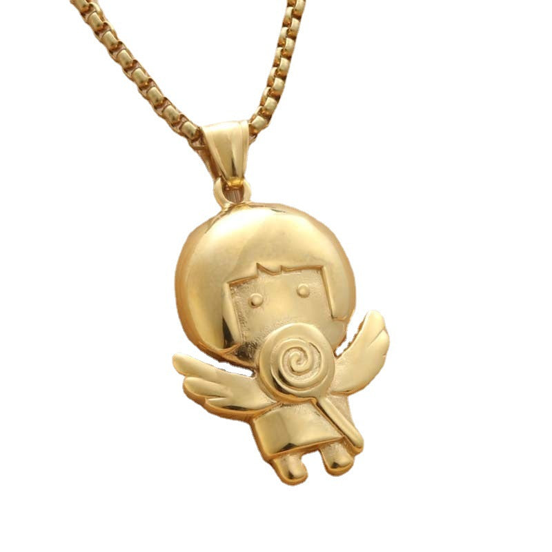 Trendy Punk Angel Pendant Necklace in Titanium Steel with Cartoon Lollipop Design for Women