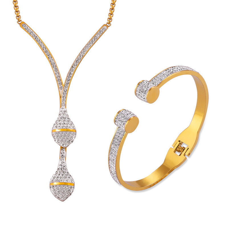 Elegant Hepburn Style Jewelry Set with Zircon and Gold-plated Titanium Steel