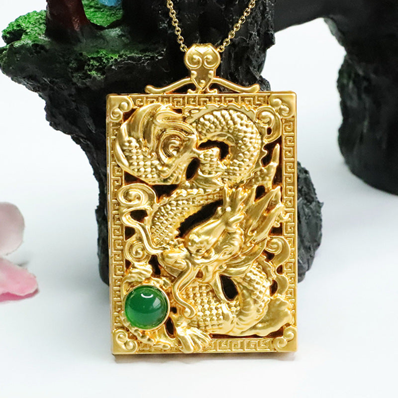 Ice Green Chalcedony Dragon Rectangle Pendant