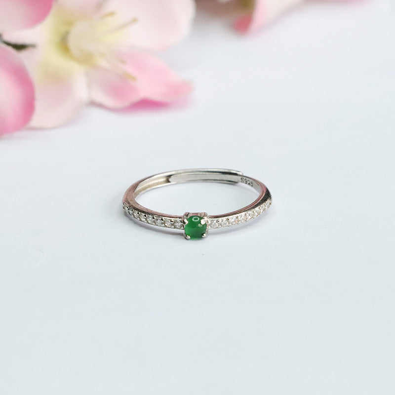 Emperor Green Jade and Zircon Sterling Silver Ring