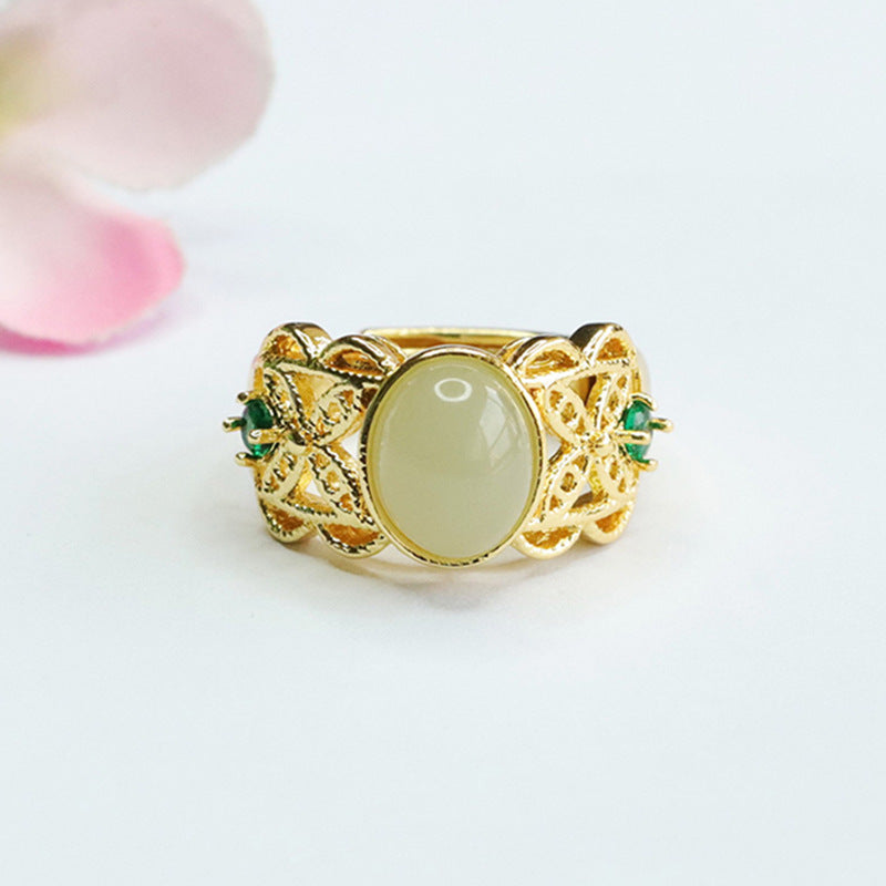 Jade Hollow Wide Ring with Sterling Silver and Hetian Jade Gemstone