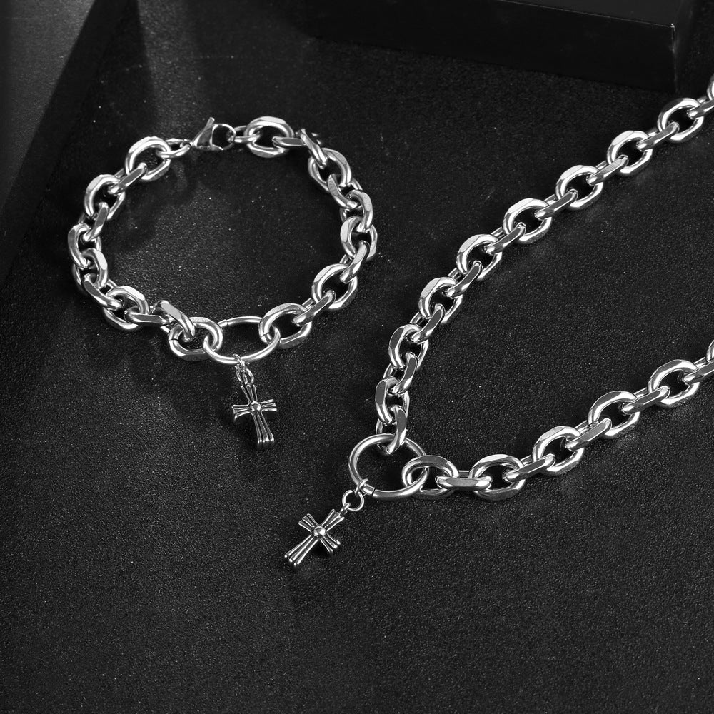 Men's Titanium Steel Necklace and Cross Bracelet Set - Stylish Accessories for Modern Fashion