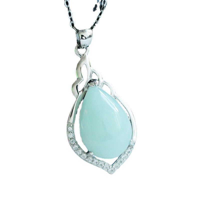 Sterling Silver Water Drop Jade Necklace with Zircon Accents