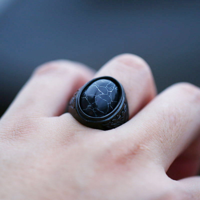 Vintage Black Turquoise Inlaid Men's Titanium Steel Ring - Custom Engraved Handcrafted Jewelry for Men