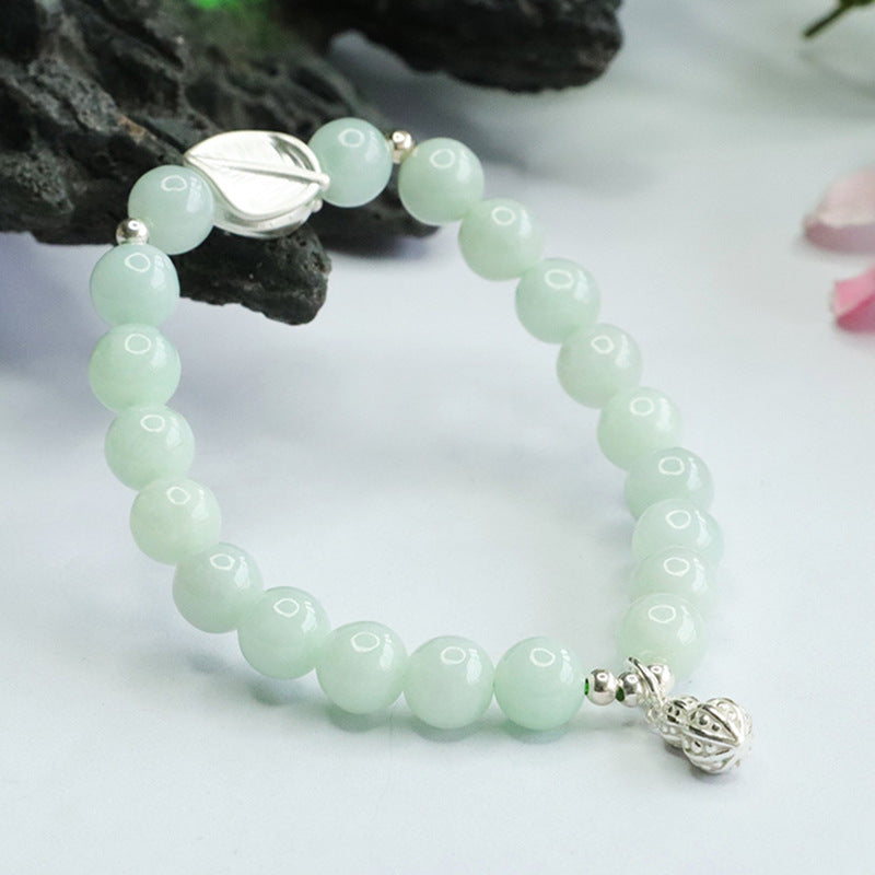 Fortune's Favor Sterling Silver Jade Bracelet with Peanut Leaf Design