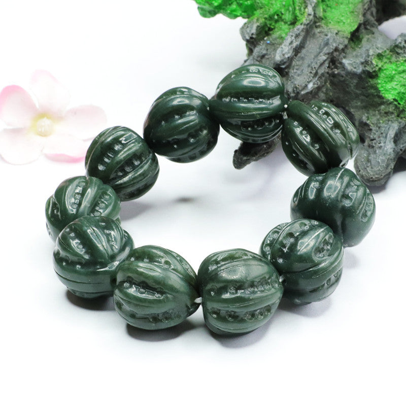 Green Walnut Jade Bracelet with Sterling Silver Needle