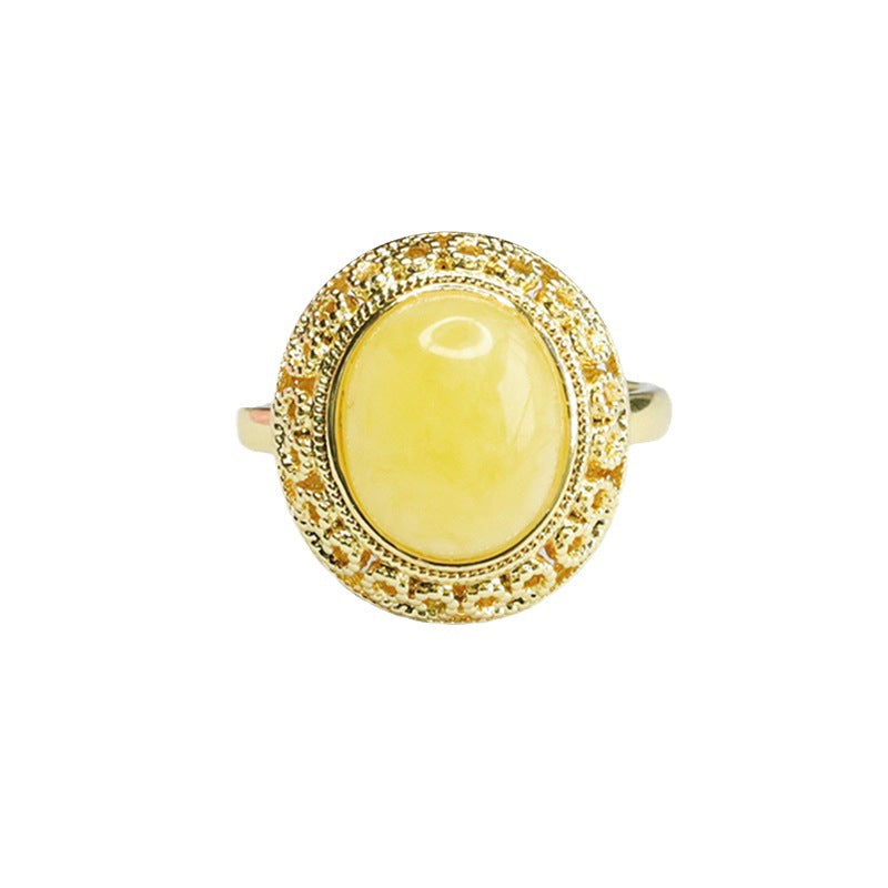 Amber Beeswax Ring with Sterling Silver Ruyi Design