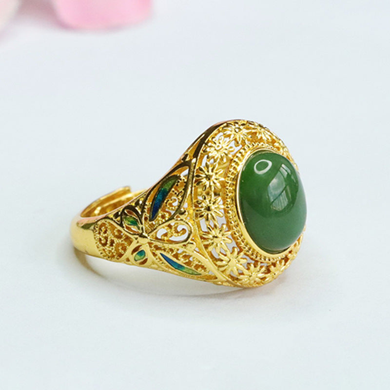 Vintage Hollow Oval Natural Hotan Jade Jasper Ring