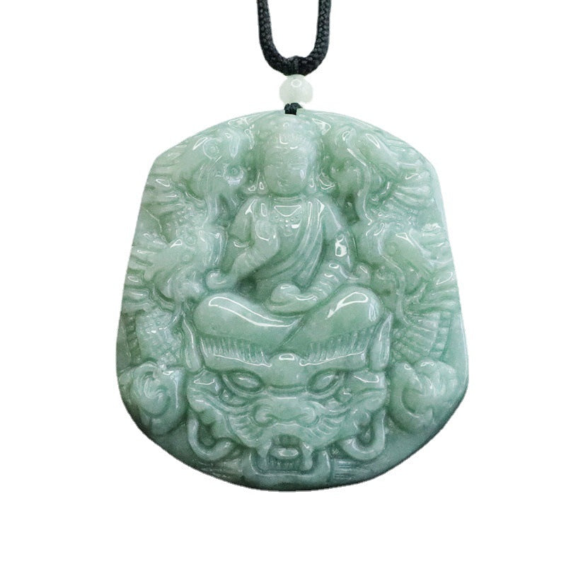 Green Jade Guanyin Dragon Sterling Silver Pendant.