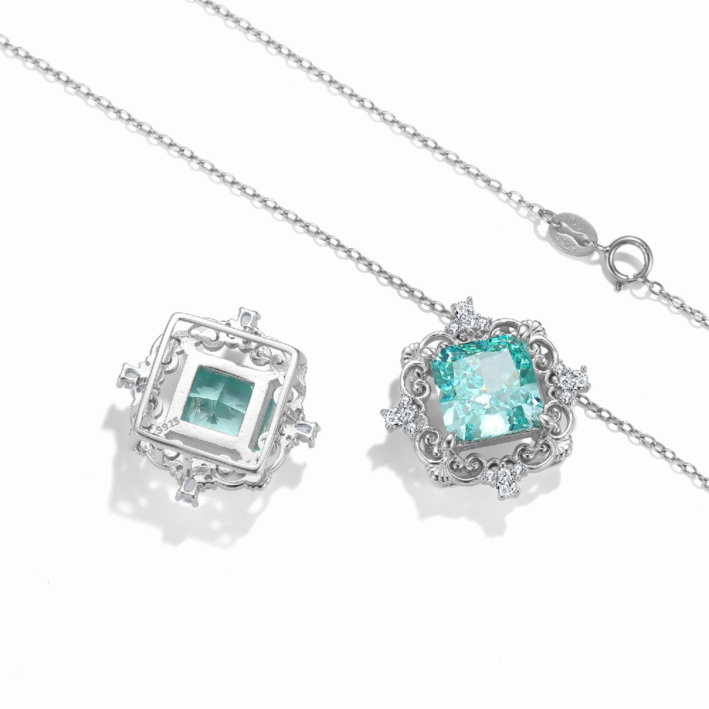 Luxury Snowflake Design Square Green Zircon Sterling Silver Necklace