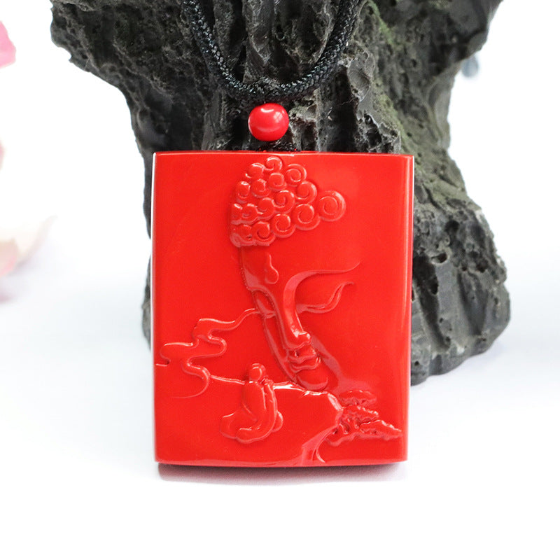 Cinnabar Lotus and Buddha Sterling Silver Pendant with Double Carvings