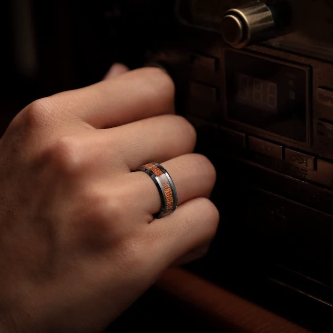 Titanium Steel Men's Acacia Wood Grain Ring with Inlaid Wood Detail