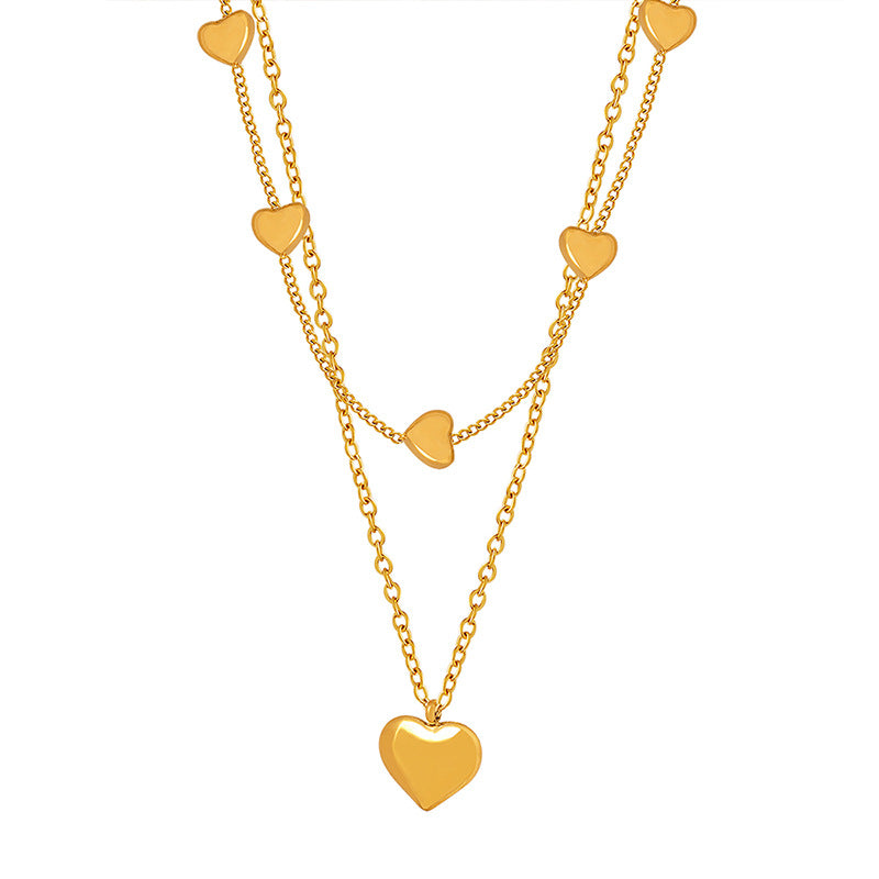 Colorfast Heart Double Chain Titanium Necklace in Niche Style