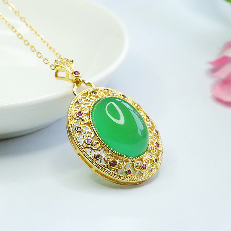 Ice Imperial Green Chalcedony Hollow Ruyi Pattern Zircon Pendant