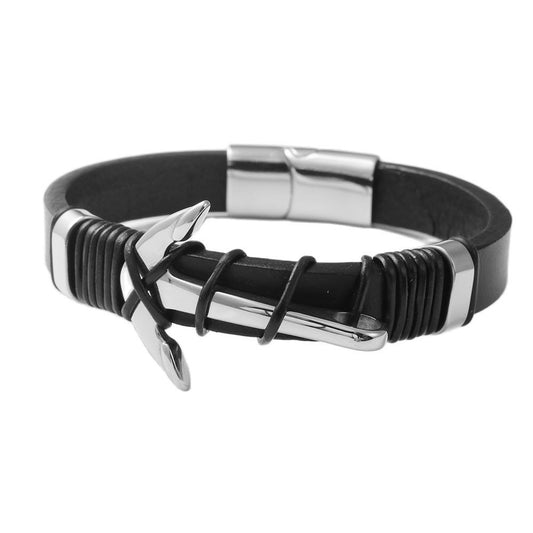 Titanium Steel Nautical Hook Leather Bracelet for Men – Edgy Woven Design