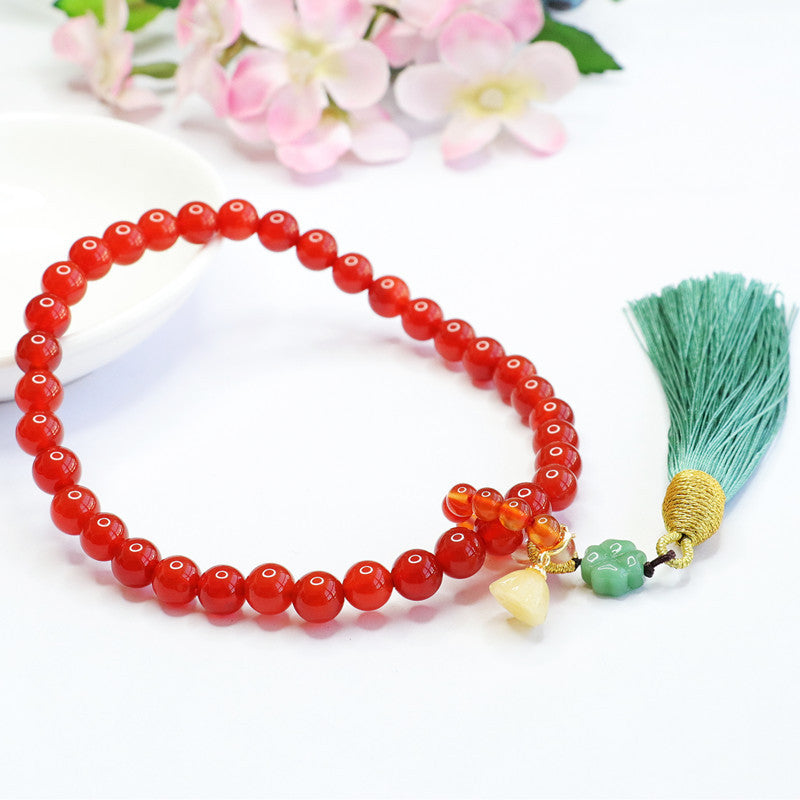 Red Agate Chalcedony Bracelet with Clover Lotus Seedpod Tassel