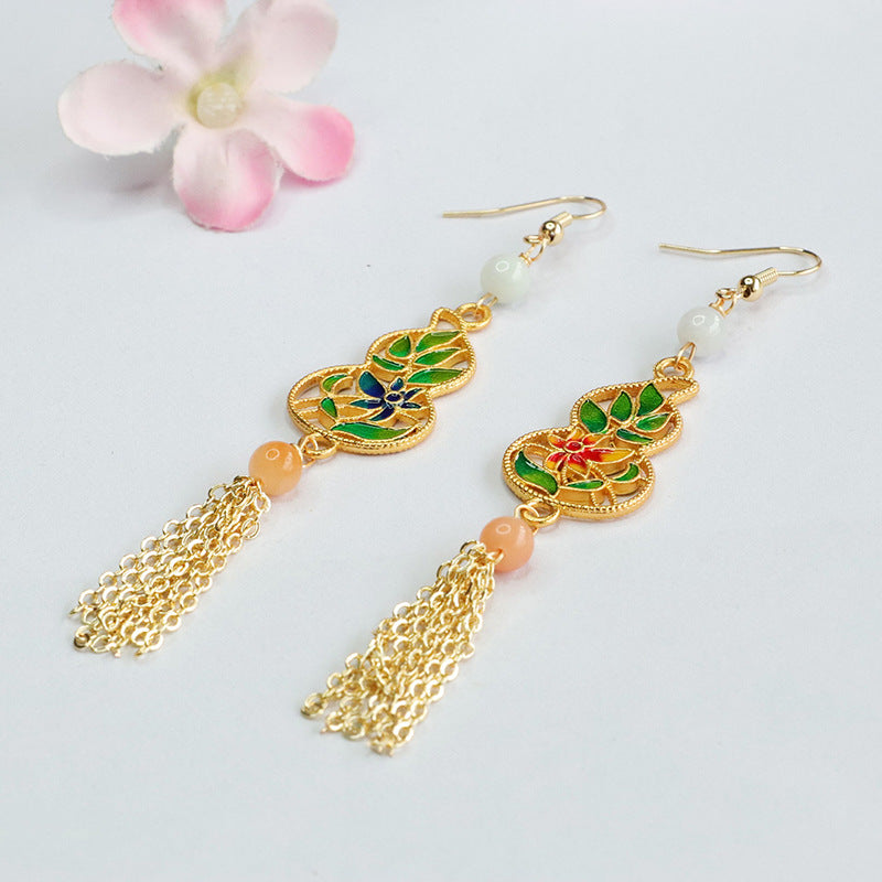 Jadeite Gourd Tassel Earrings with Enamel Ear Hooks-China-Chic