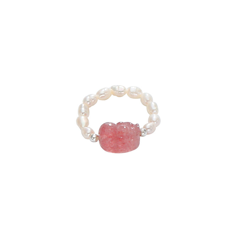 Strawberry Crystal and Pearl Sterling Silver Ring with Pixiu Design