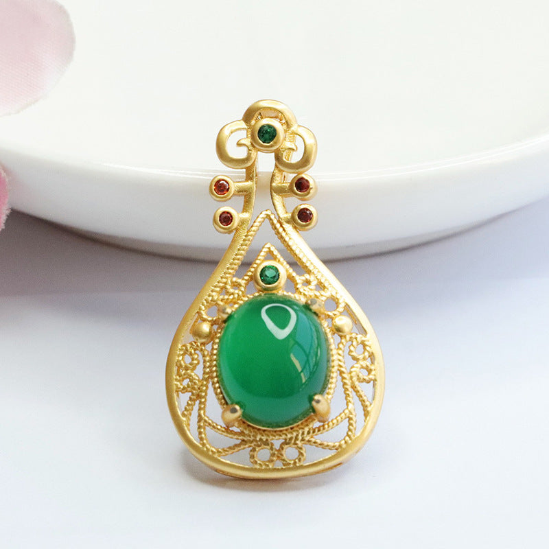 Chinese Style Sterling Silver Pipa Pendant Necklace with Emperor Green Chalcedony