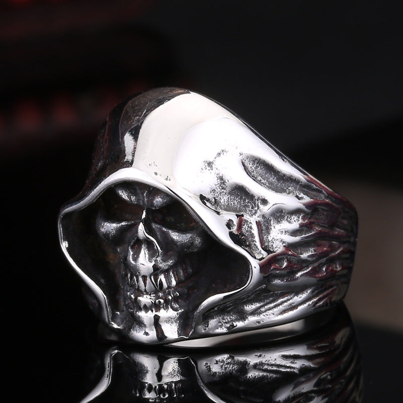 Vintage-Inspired Men's Titanium Steel Reaper Skull Ring - Wholesale Alternative Jewelry