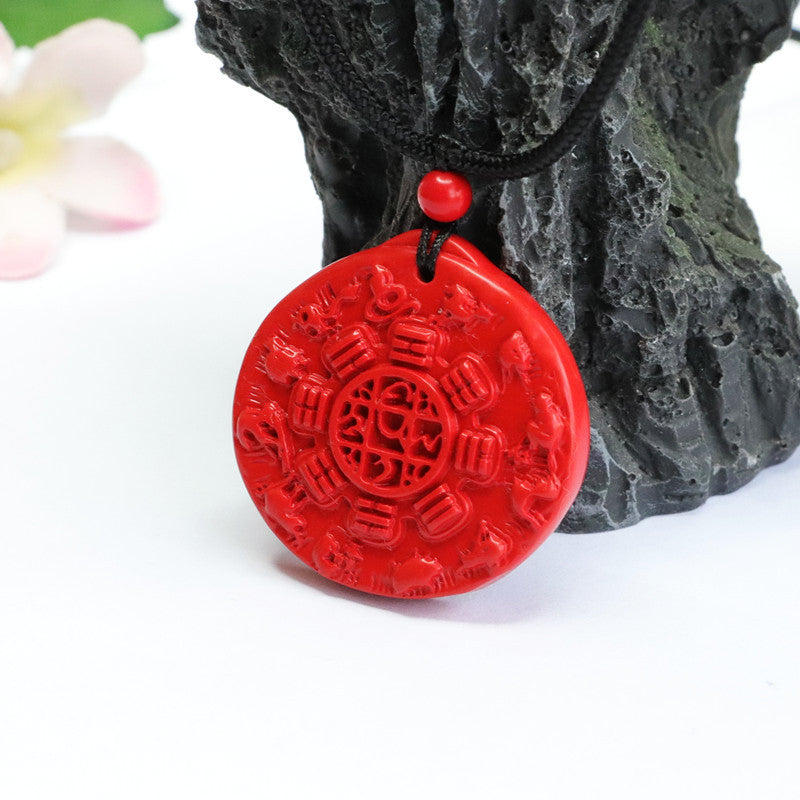 Red Sand Nine Palaces, Bagua, and Twelve Zodiac Sterling Silver Pendant with Cinnabar Stone