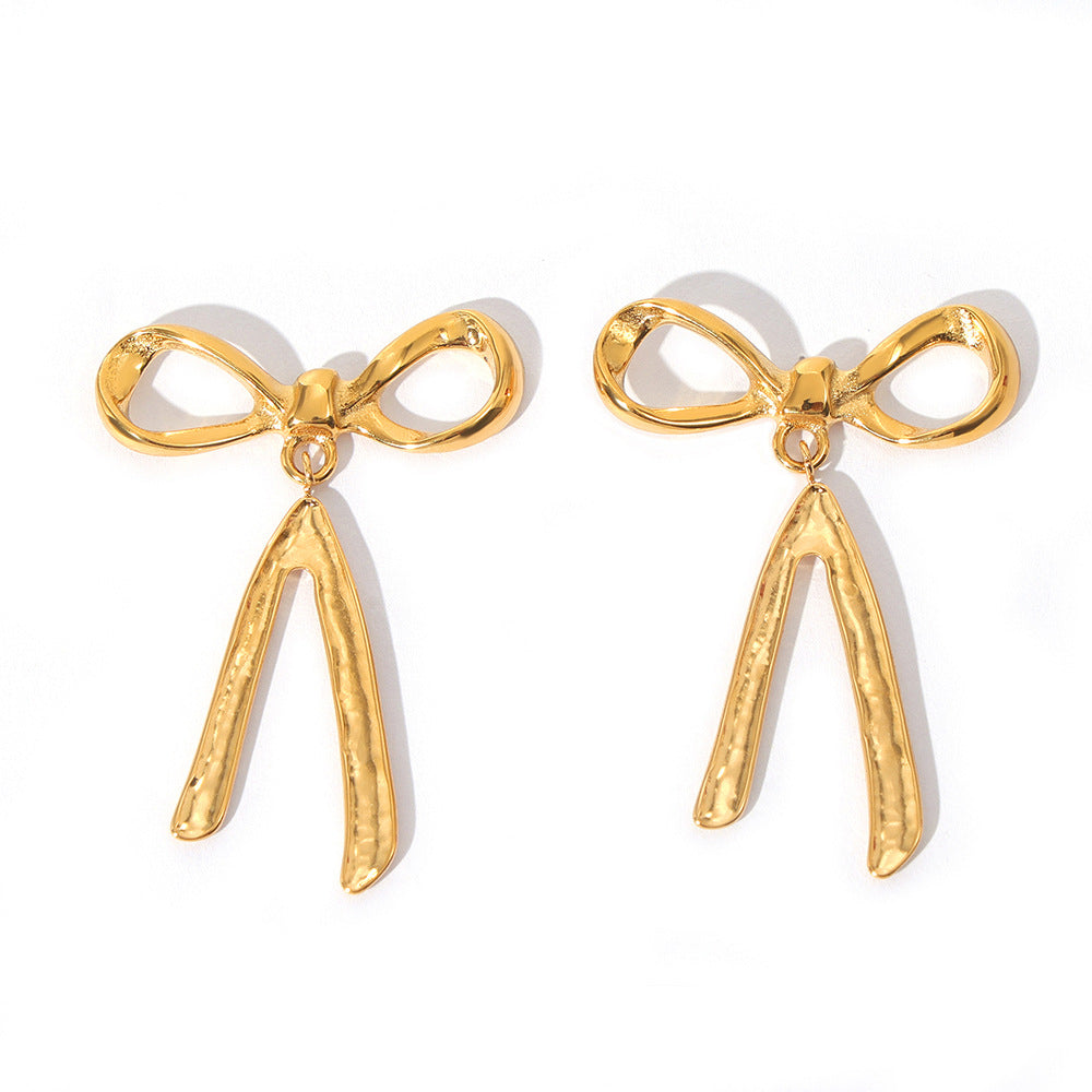 Elegant Korean Bow Stud Earrings in Gold-Plated Titanium Steel