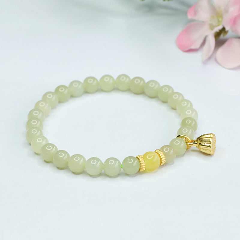 Honey Wax Lotus Seedpod Jade Bracelet with Sterling Silver Sailor String