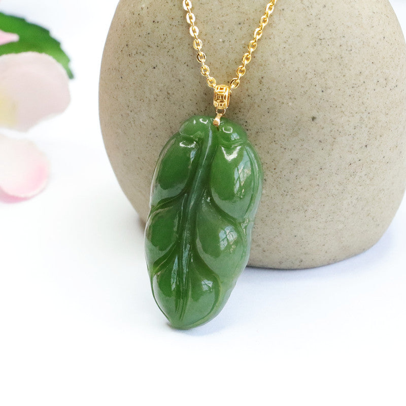 Leaf-shaped Hetian Jade Jasper Fortune Necklace - Sterling Silver