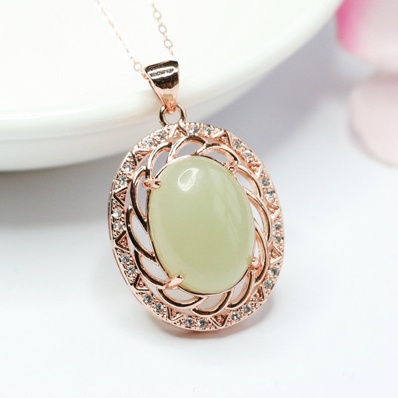 Hollow Flower Zircon Sterling Silver Necklace with Natural Hetian Jade