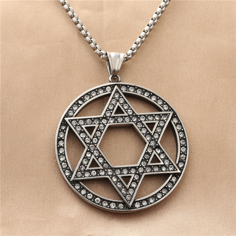 Titanium Steel Hexagram Pendant Necklace - Retro Punk Design with White Stone Star for Men and Women