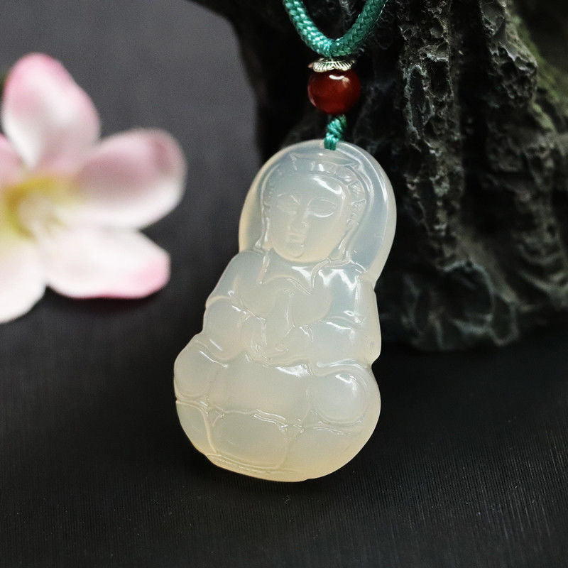 White Chalcedony Guanyin Sterling Silver Pendant