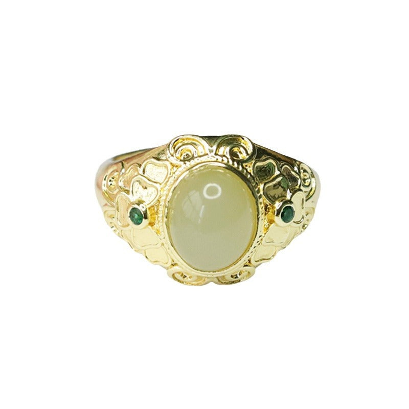 Luxurious Sterling Silver Hetian Jade Ring with Green Zircon Petals Pattern