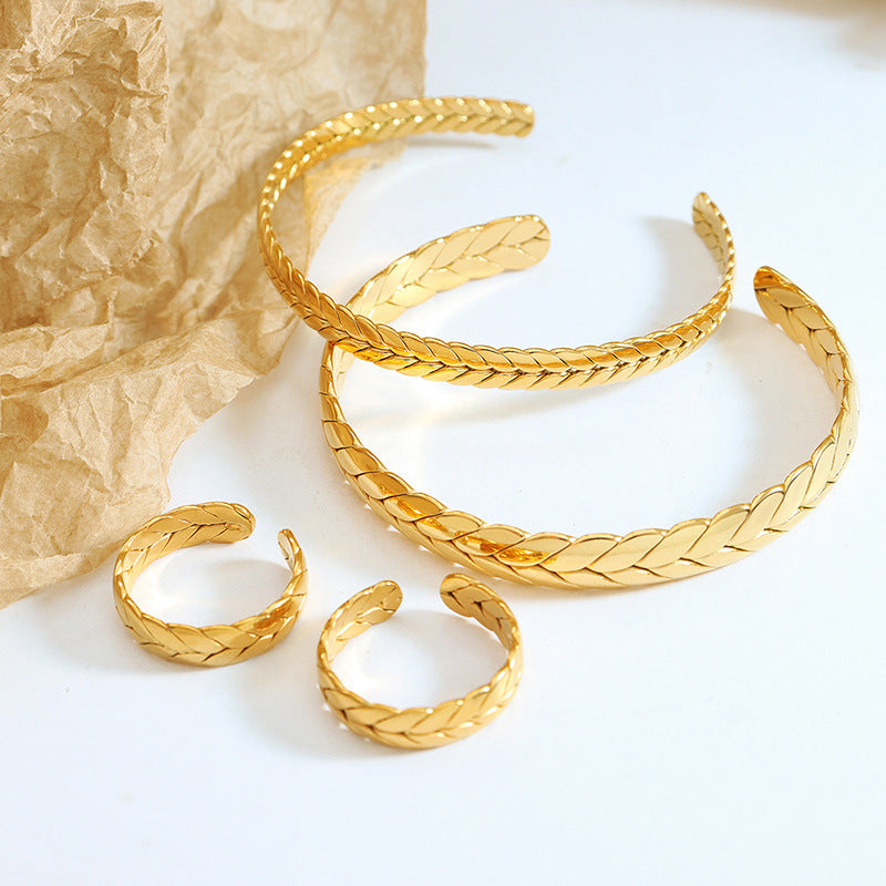 European and American Wheat Ear Bracelet and Ring Set - Gold-plated Titanium Steel Jewelry