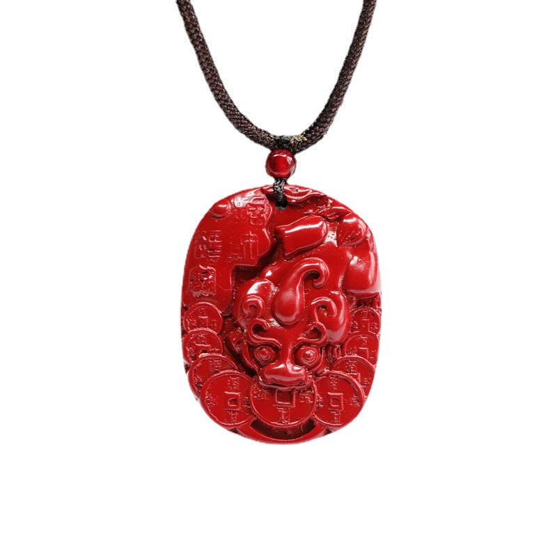 Vermilion Sand Pendant with Purple Gold Sand Pixiu Coin and Cinnabar Stone